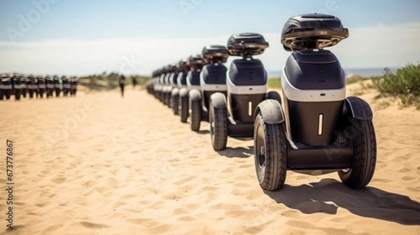 Fototapeta Segways Lined Up at Sandy Start with Obstacle Course in Background