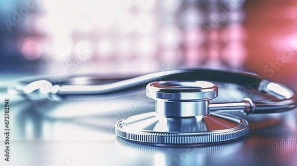 Fototapeta Stethoscope lying on the desk. Health care themes. Image generated by AI.