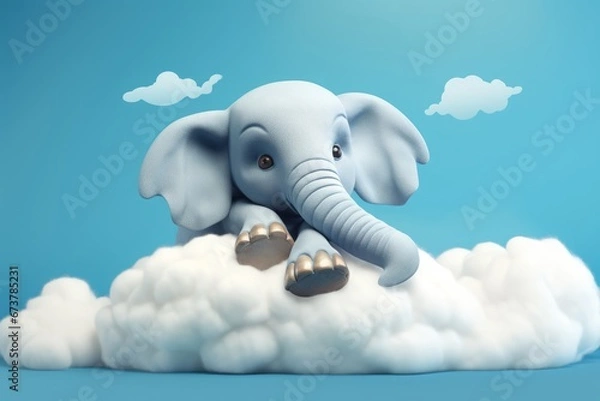 Fototapeta Elephant on a Cloud - Cartoon Illustration in Soft Organic Style