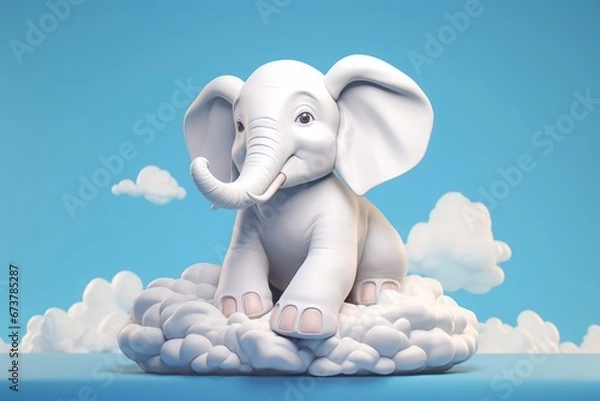 Fototapeta Dreamy Elephant Cartoon on Cloud in Soft Sculpture Style