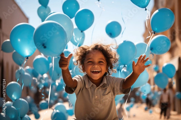 Fototapeta A happy child in balloon background represents the International Day of Charity