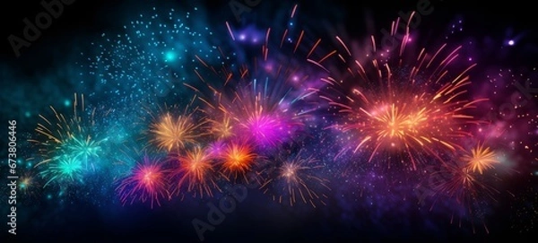Fototapeta HAPPY NEW YEAR 2025 - Firework silvester New Year's Eve Party festival celebration holiday background banner greeting card - Closeup of colorful fireworks pyrotechnics in the night