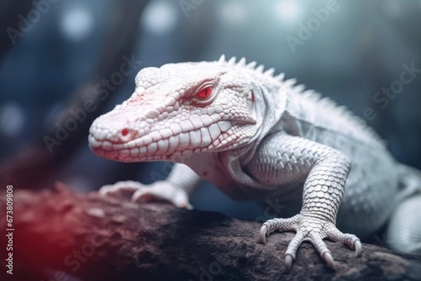 Fototapeta Portrait of albino alligator with red eyes and white skin on a dark background. Close up.