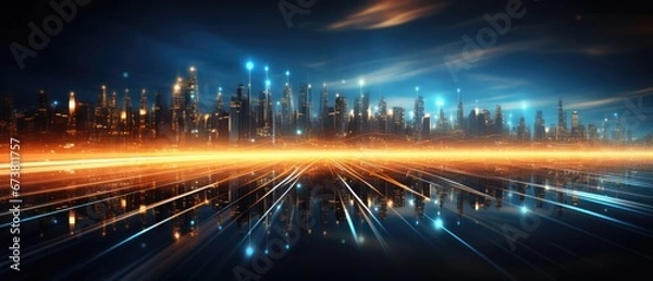 Obraz Internet global network abstract background with gold and blue glowing neon moving high speed line and wave, Generative AI
