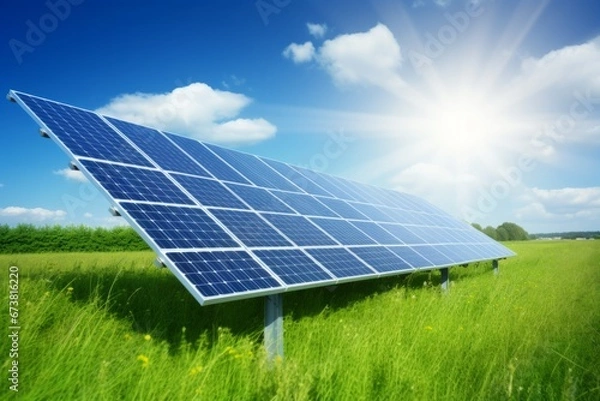 Obraz Photo collage of sunset and solar panel, photovoltaic, alternative electricity source - concept of sustainable resources