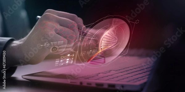 Obraz Infographics about medicine in the form of a projection of a damaged DNA