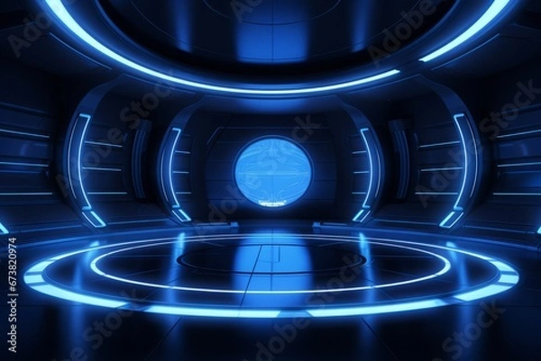 Fototapeta Vibrant Circular Frame on Blue Background. Pictorial Space with Bold Black Lines.