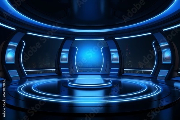 Fototapeta Embracing Retro-Futurism in an Ambient Black Room with Entrancing Blue Lighting