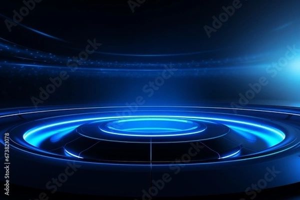Fototapeta Dark Modernism: Circular Frame on Vivid Blue Backdrop with Bright Lights.