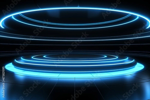 Fototapeta Vibrant Circular Frame on Blue Background. Pictorial Space with Bold Black Lines.