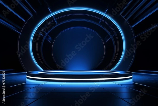 Fototapeta Dark Modernism: Circular Frame on Vivid Blue Backdrop with Bright Lights.