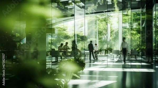 Obraz Green, sustainable and environmental office space with daily employee rush. Modern and nature friendly startup business with ESG standards and care for worker wellness and healthy environment.