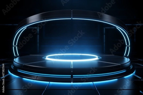 Fototapeta Exploration of Futuristic Design in a Black Room with Ethereal Blue Lighting