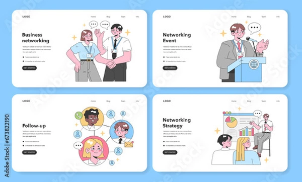 Obraz Networking set. Business connections grow. Professionals discuss at an event. Key contact after meeting. Strategy presentation. Collaboration in workspace. Flat vector illustration