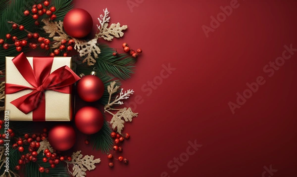 Fototapeta Christmas Flat Lay Background. Top Christmas red cherries and branch decorations on red background.