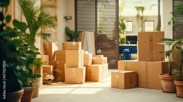 Obraz Large moving boxes are sitting in a room with a plant in the corner.