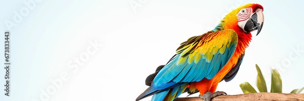 Fototapeta Colorful macaw parrot perched on a tree on white background. made with generative ai