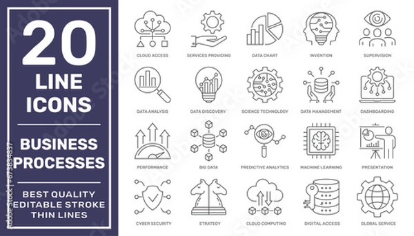 Obraz Business processes and tools. Business Intelligence and Management icons. Minimal thin line web icon set. Outline icons collection. Simple vector illustration. Editable Stroke. EPS 10