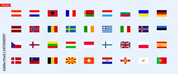 Fototapeta Flags of the countries of the continent Europe. Set of color flags of countries. Isolated square flags of Europe countries. Vector icons
