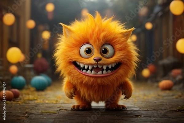 Fototapeta A little orange furry monster with teeth lurks in the colorful background. The image showcases a furry art with cute and colorful elements. Generative Ai.