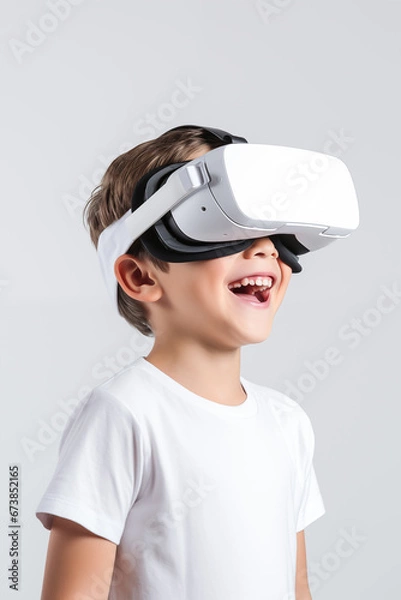 Obraz Young boy getting experience using VR headset glasses isolated on a white background