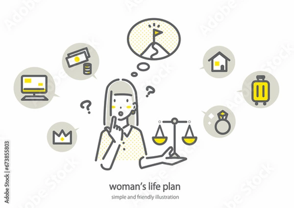 Fototapeta ライフプランに疑問を持つ若い女性　シンプルでお洒落な線画イラスト