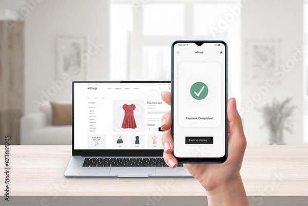 Fototapeta Phone online payment. Laptop and e-commerce website in background. Digital transaction showcasing seamless online shopping and secure electronic payments