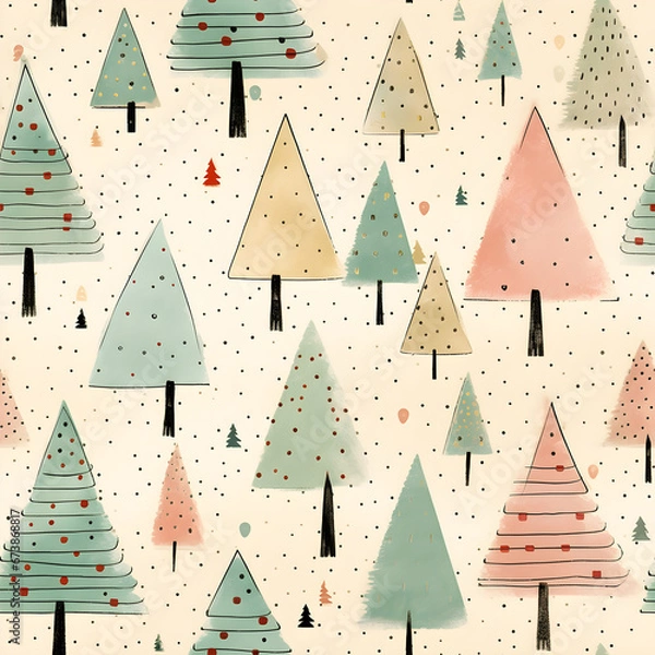 Fototapeta Seamless tile whimsical Christmas trees gift wrap or background in style of shabby pastel watercolor with ink pen.
