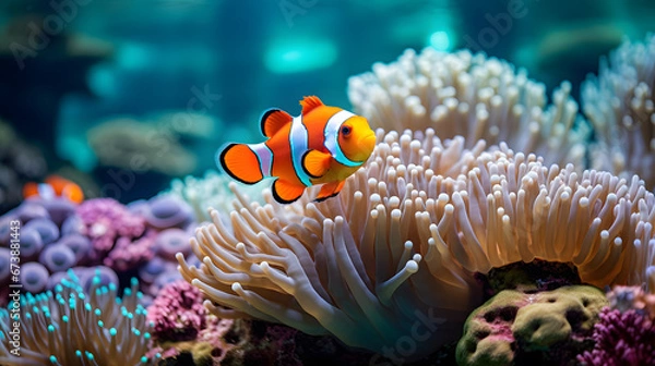 Fototapeta A graceful clownfish, with vibrant anemones as the background context, during a lively and colorful marine reef display