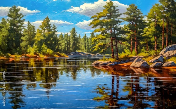 Fototapeta Acrylic painting of a landscape with a calm forest lake, in the water of which trees are reflected.