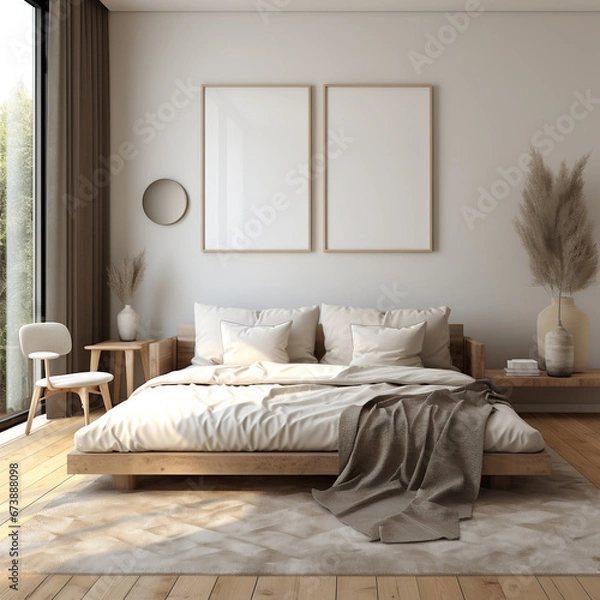 Fototapeta double set frame mockup, wooden frame mockups in the bedroom, frame for wall art, 3d rendering