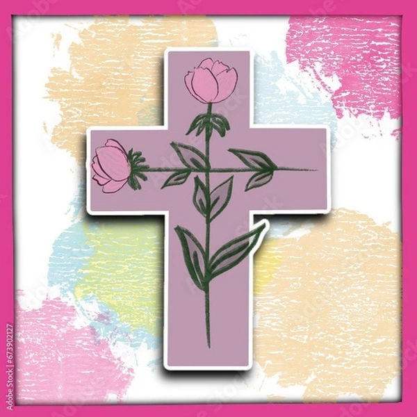 Fototapeta Jesus cross with roses in a frame