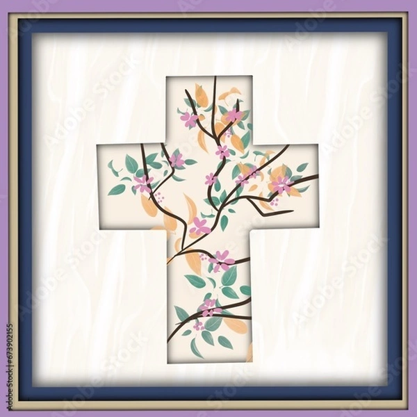 Fototapeta Paper-cut cross in a frame, decorated with leaves and flowers
