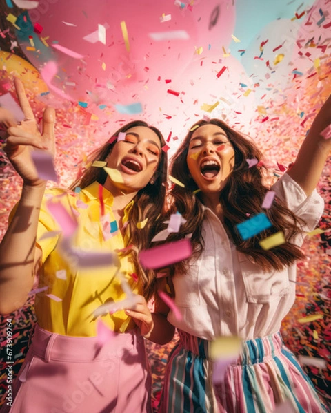 Fototapeta Generative ai young women friends partying with colorful confetti