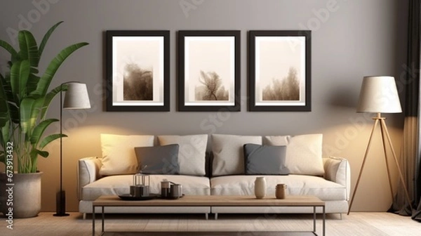 Fototapeta mockup living room blank frames on the wall.Generative AI