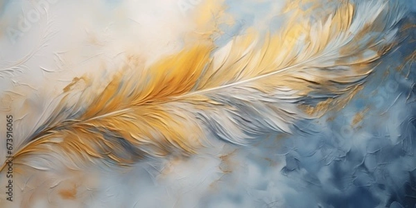 Fototapeta A blue and golden feather painting art background, generative ai
