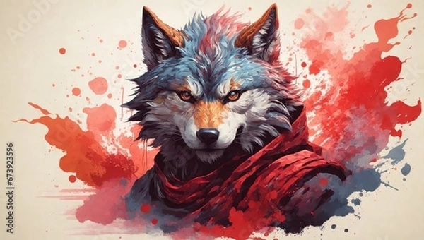 Obraz illustration design, wolf ninja with spash on background