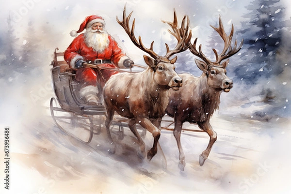 Fototapeta A watercolor drawing illustration of Santa Claus sleigh ride with reindeer, in the style of children s book illustration. The image captures the magic and whimsy of Christmas
