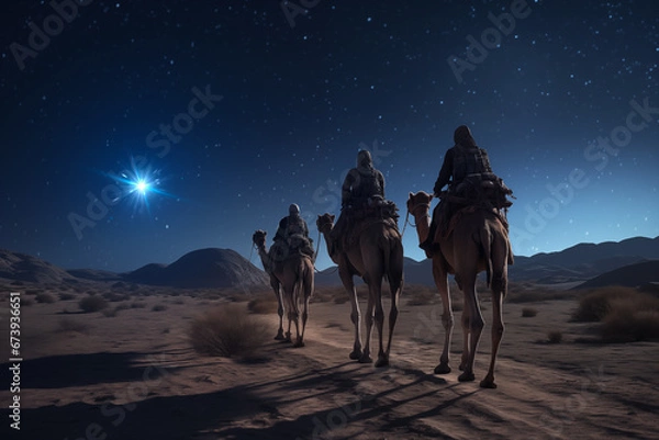 Fototapeta Christmas Jesus birth concept - Adoration of the Magi, Three Wise Men, Three Kings, and the Three biblical Magi with camel silhouettes journeying in sand dunes of desert follow Bethlehem star at night