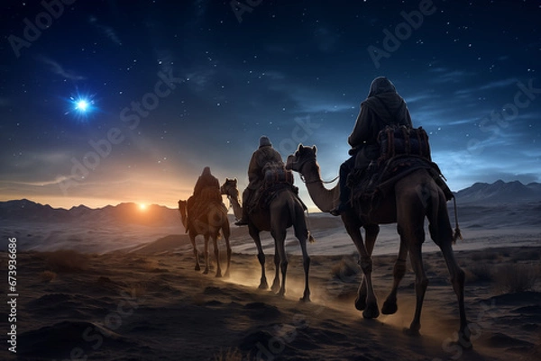 Fototapeta Christmas Jesus birth concept - Adoration of the Magi, Three Wise Men, Three Kings, and the Three biblical Magi with camel silhouettes journeying in sand dunes of desert follow Bethlehem star at night