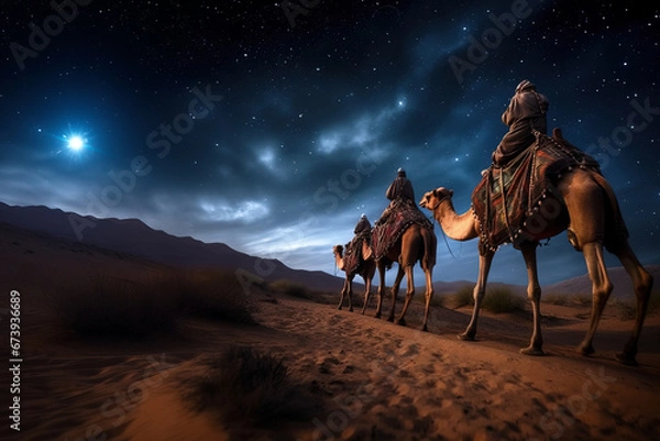 Fototapeta Christmas Jesus birth concept - Adoration of the Magi, Three Wise Men, Three Kings, and the Three biblical Magi with camel silhouettes journeying in sand dunes of desert follow Bethlehem star at night
