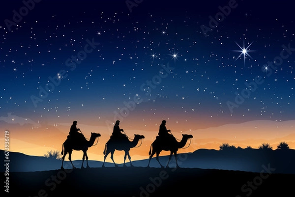 Fototapeta Christmas Jesus birth concept - Adoration of the Magi, Three Wise Men, Three Kings, and the Three biblical Magi with camel silhouettes journeying in sand dunes of desert follow Bethlehem star at night