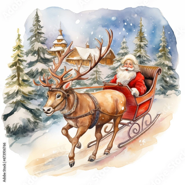 Fototapeta A watercolor drawing illustration of Santa Claus sleigh ride with reindeer, in the style of children s book illustration. The image captures the magic and whimsy of Christmas