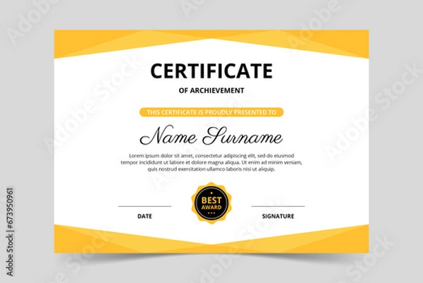 Fototapeta Modern elegant yellow certificate template. Appreciation for business and education. Vector illustration