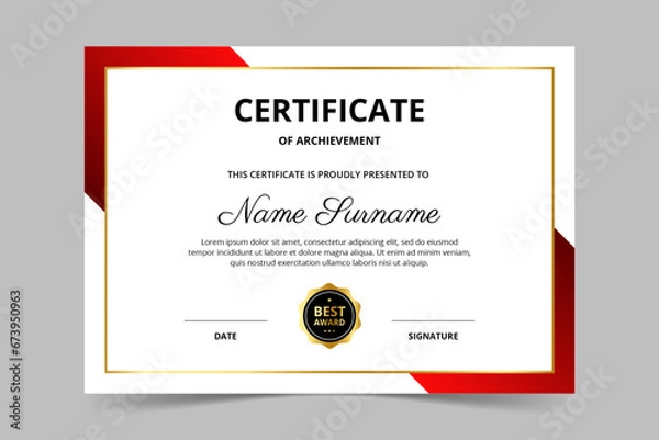 Obraz Modern elegant red and gold certificate template. Appreciation for business and education. Vector illustration
