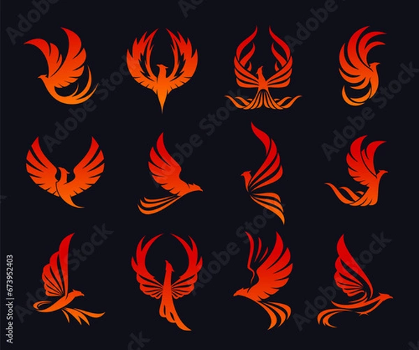 Fototapeta Phoenix bird symbol or emblem. Infinity and freedom magic animal symbol, creativity concept or business company vector sign or emblem. Hot phoenix fantasy bird graphic red tattoo or icons set
