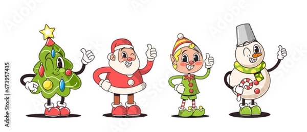 Fototapeta Retro-style Christmas Characters Evoke Nostalgia. Santa Claus With Twinkle Wink Eyes, Snowman In Classic Attire, Tree