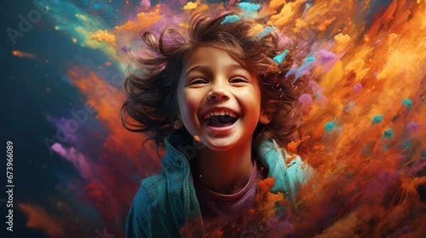 Fototapeta A colorful photograph of a boy at the Holi festival. Generative Ai.