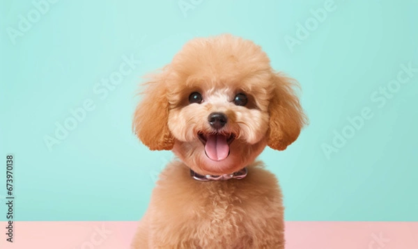 Obraz  Portrait of a poodle dog , Closeup portrait of funny, cute, happy dog, looking at the camera with mouth open isolated on colored background. Copy space. 