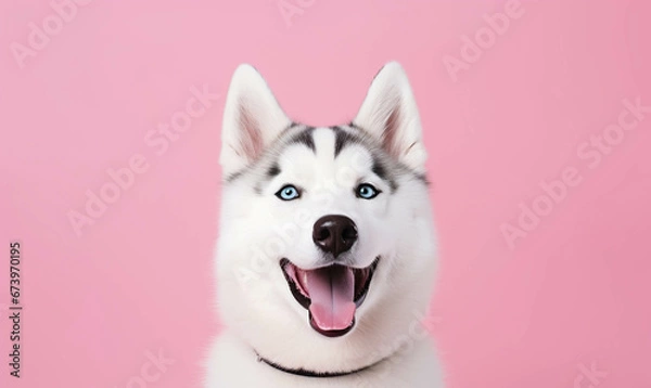 Obraz  husky Portrait of a dog , Closeup portrait of funny, cute, happy dog, looking at the camera with mouth open isolated on colored background. Copy space. 